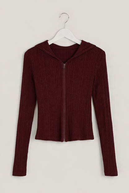 Burgundy Ribbed Zip Front Knit Top for Women – Slim Fit Long Sleeve Shein Style Sweater Cardigan
