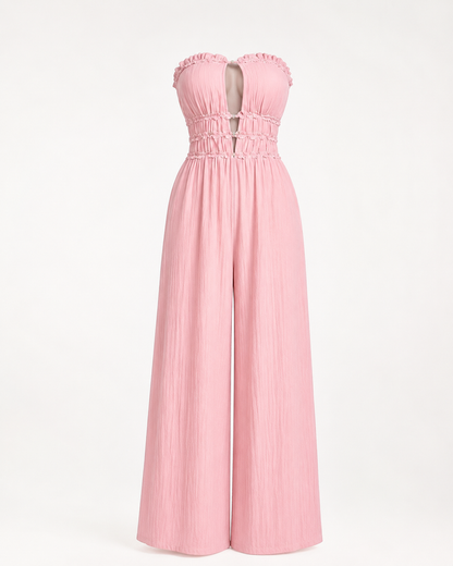 SHEIN Women Pink Strapless Cut Out Wide Leg Jumpsuit