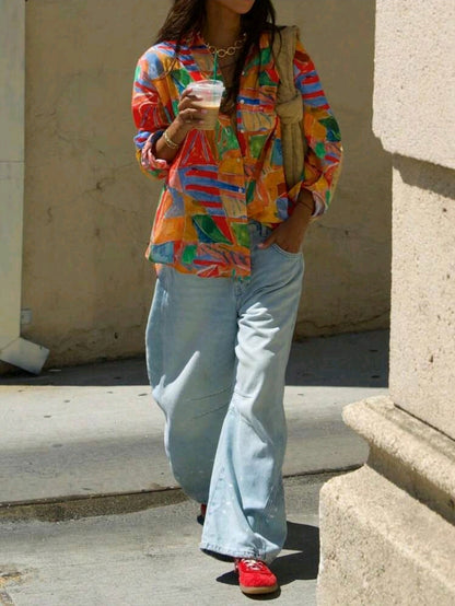Colorful Tropical Print Button-Up Shirt for Women