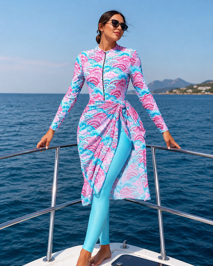 Women’s Modest Pink and Blue Printed Burkini Swimsuit Set with Wrap Skirt and Leggings