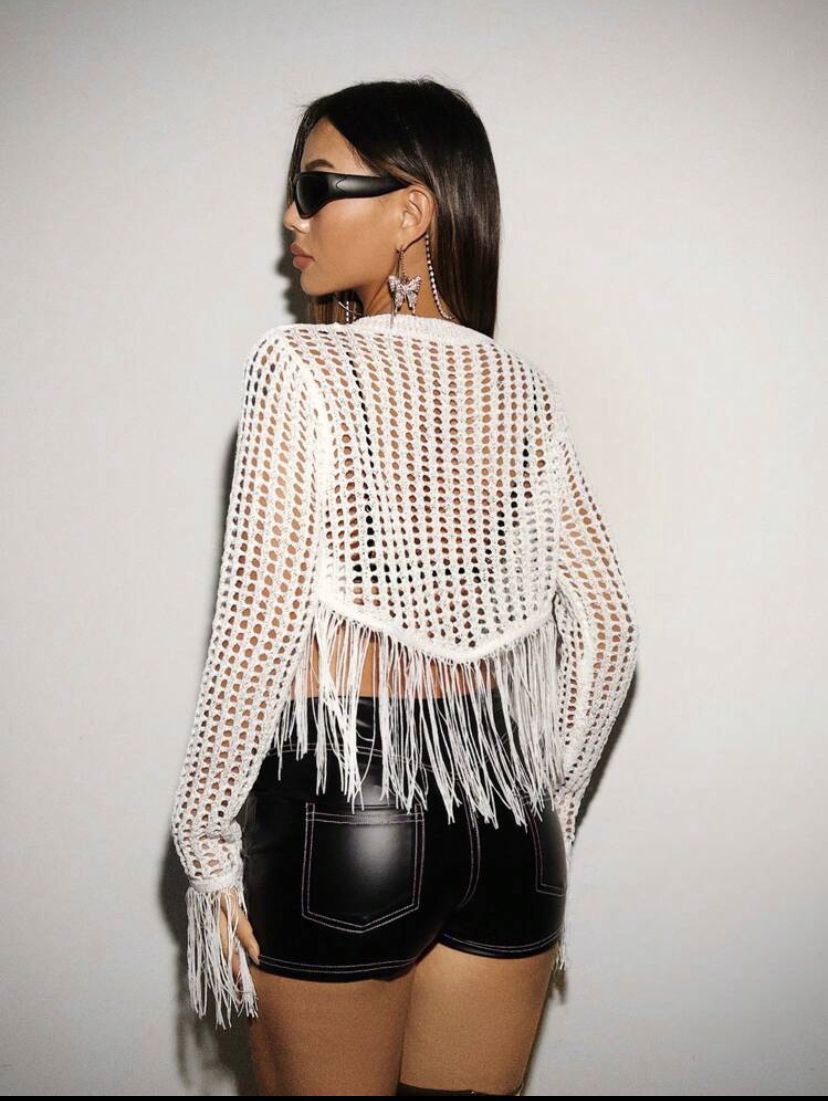 SHEIN Women’s White Crochet Fringe Crop Top – Long Sleeve Beach Cover Up, SHEIN Fast Delivery in 5 Days