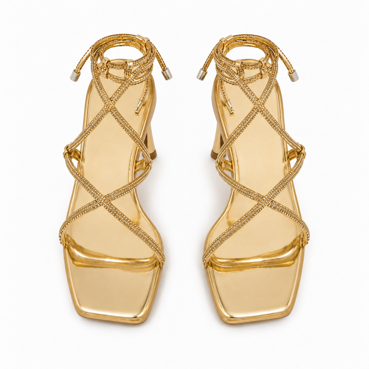 SHEIN Women’s Gold Rhinestone Lace Up Sandals – Square Toe Flat Summer Slides, SHEIN Fast Delivery in 5 Days