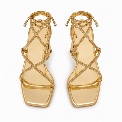 SHEIN Women’s Gold Rhinestone Lace Up Sandals – Square Toe Flat Summer Slides, SHEIN Fast Delivery in 5 Days
