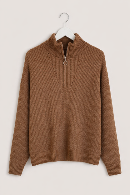 Brown Half-Zip High Neck Knit Sweater – Cozy Winter Pullover – Soft Ribbed Casual Sweater for Women