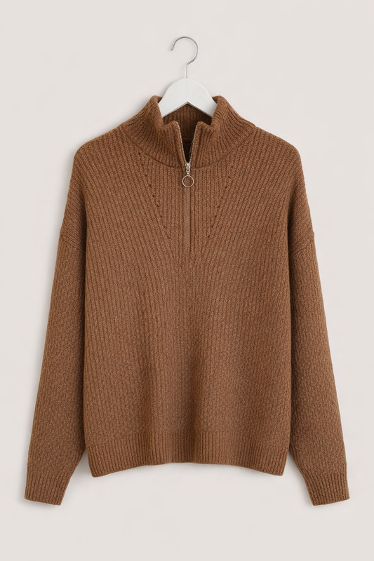 Brown Half-Zip High Neck Knit Sweater – Cozy Winter Pullover – Soft Ribbed Casual Sweater for Women