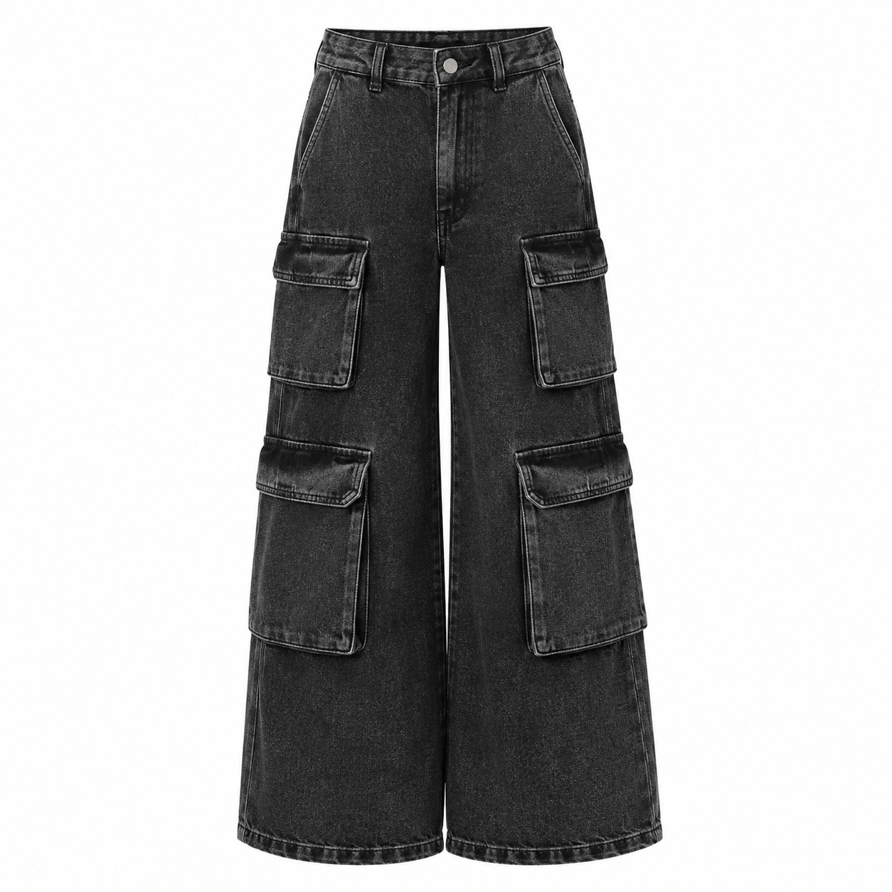 SHEIN Girls Black Wide Leg Cargo Jeans – Washed Denim Multi Pocket Pants, SHEIN Fast Delivery in 5 Days