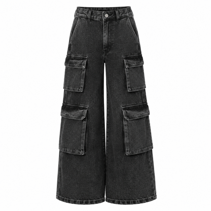 SHEIN Girls Black Wide Leg Cargo Jeans – Washed Denim Multi Pocket Pants, SHEIN Fast Delivery in 5 Days