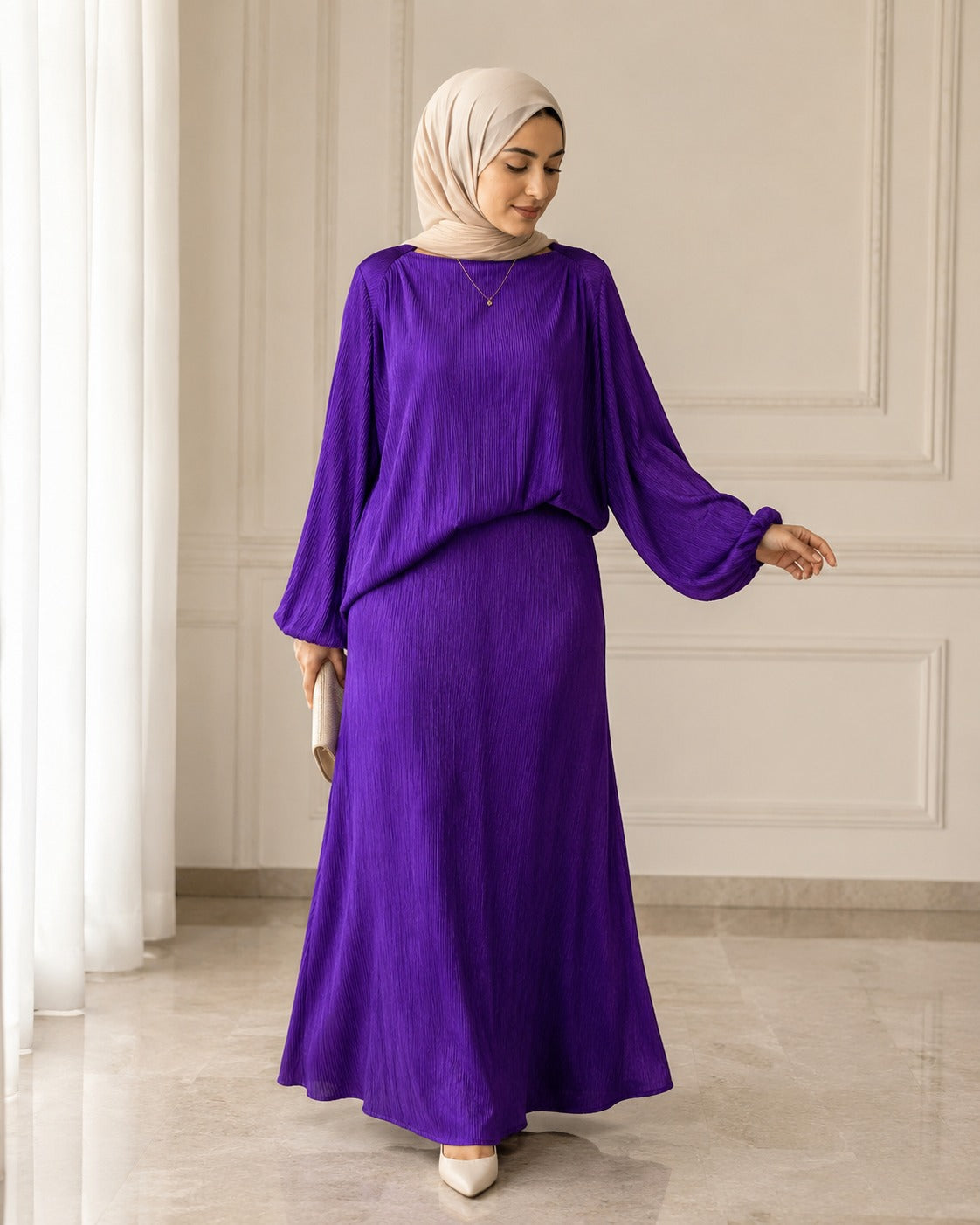 Women’s Purple Pleated Modest Dress – Long Sleeve Loose Fit Maxi Dress