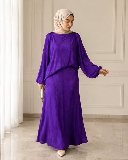 Women’s Purple Pleated Modest Dress – Long Sleeve Loose Fit Maxi Dress