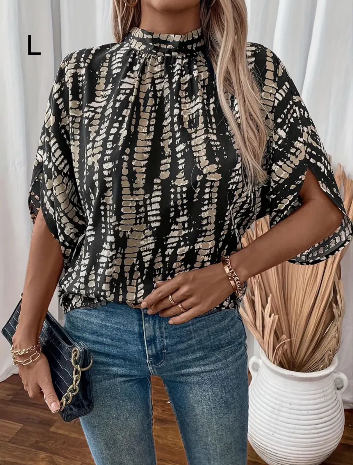 Women’s Black Abstract Print Blouse – Mock Neck Split Sleeve Plus Size Friendly Top