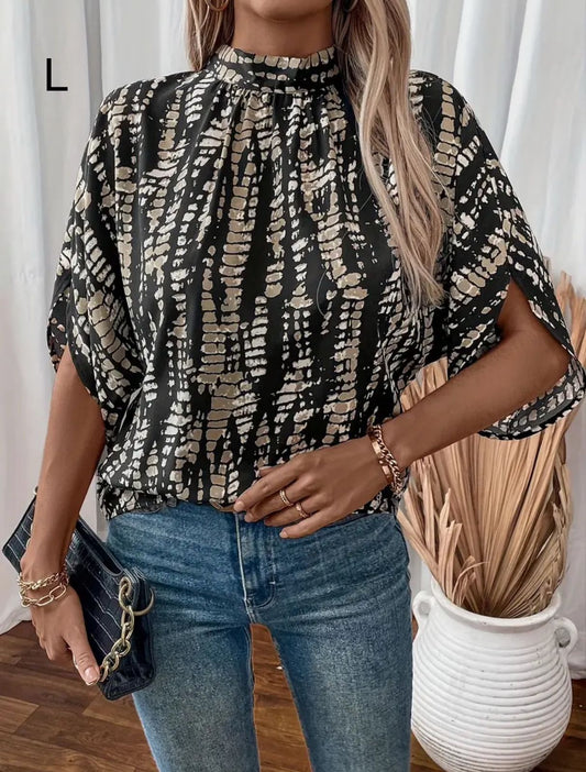 Women’s Black Abstract Print Blouse – Mock Neck Split Sleeve Plus Size Friendly Top