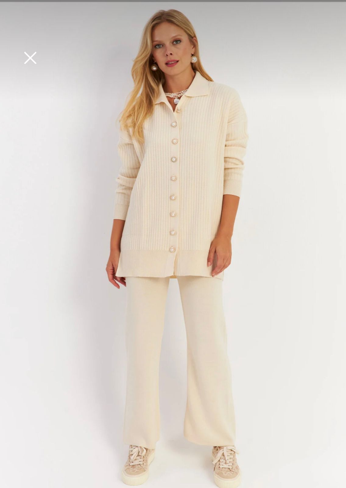 Women’s Ribbed Knit Two Piece Set – Button Front Longline Top with Wide Leg Pants – Cream