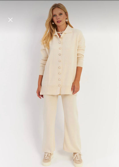 Women’s Ribbed Knit Two Piece Set – Button Front Longline Top with Wide Leg Pants – Cream