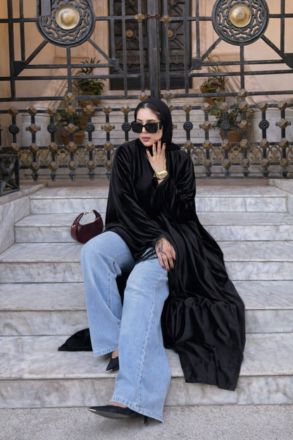 Luxury Black Satin Open Front Abaya Cardigan for Women – Elegant Modest Kimono