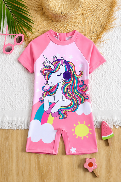 SHEIN Kids’ Pink Unicorn Print Swimsuit – Short Sleeve One Piece Beachwear, SHEIN Fast Delivery in 5 Days