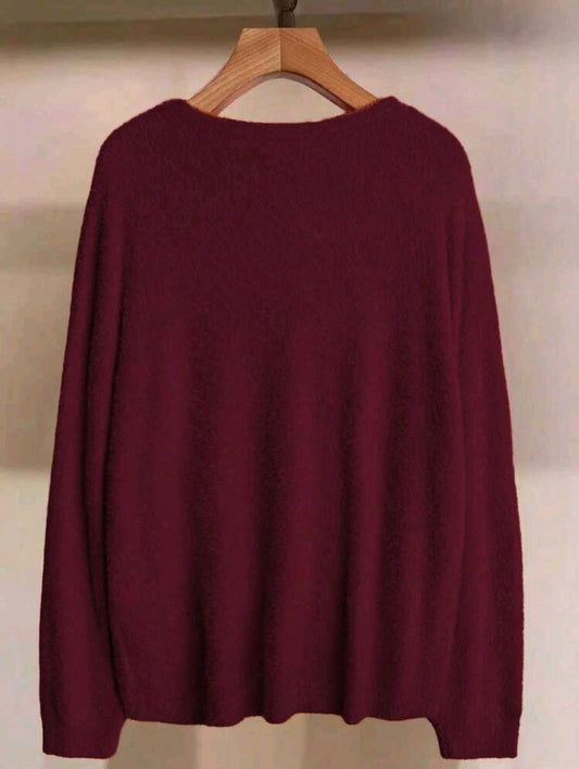 Burgundy V-Neck Oversized Knit Sweater for Women with High-Low Hem
