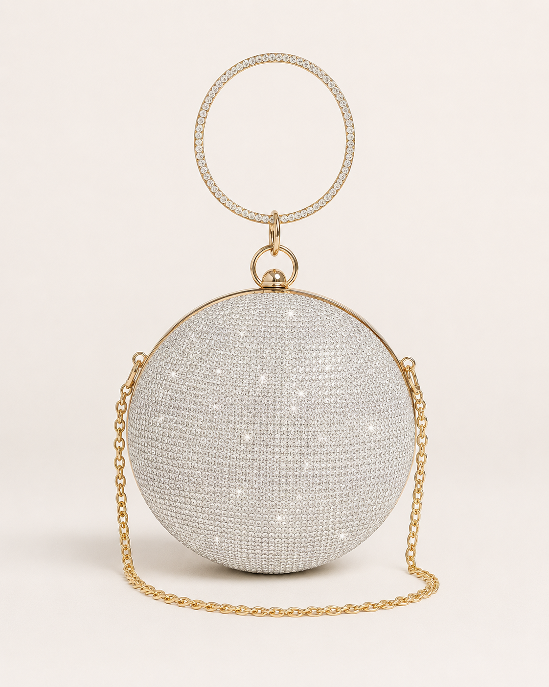 Silver Round Rhinestone Evening Bag, Sparkly Ball Clutch with Gold Chain and Ring Handle