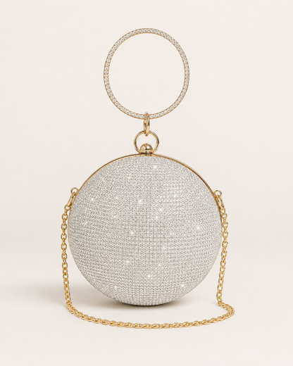 Silver Round Rhinestone Evening Bag, Sparkly Ball Clutch with Gold Chain and Ring Handle