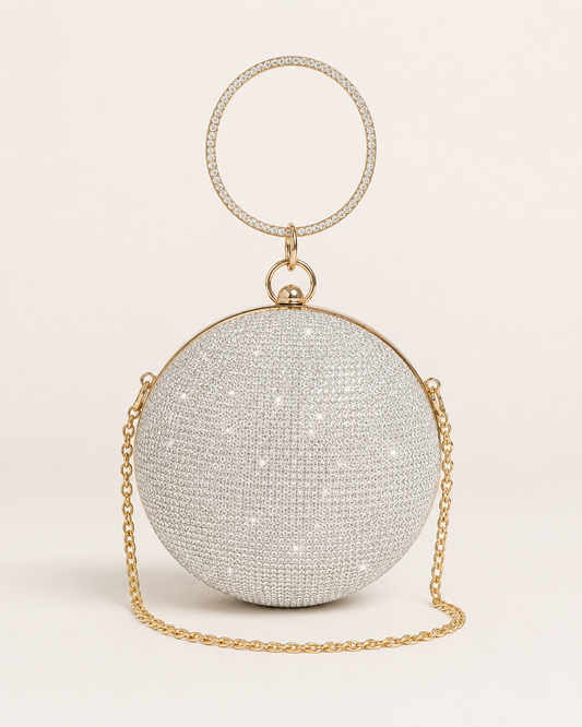 Silver Round Rhinestone Evening Bag, Sparkly Ball Clutch with Gold Chain and Ring Handle