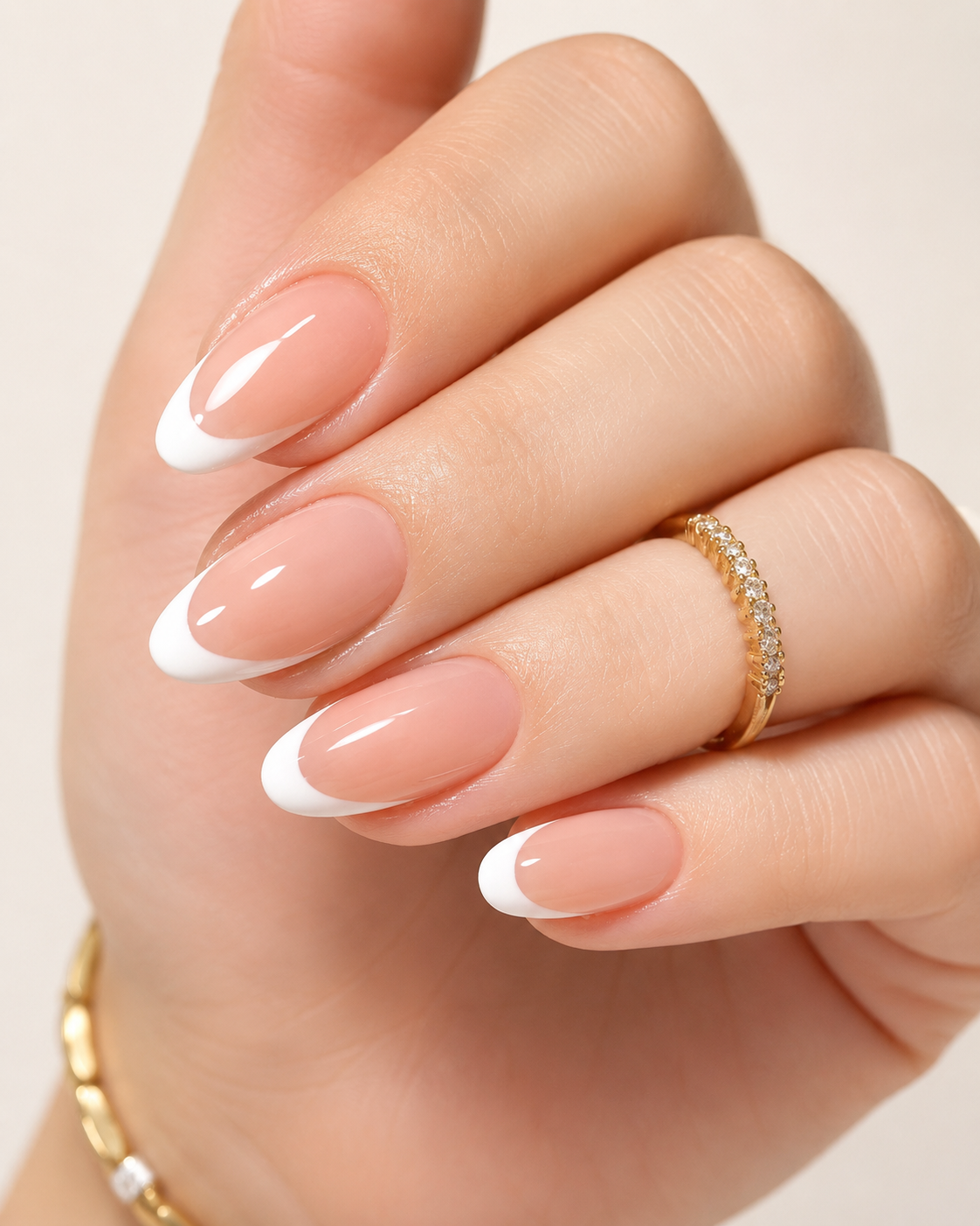 24-Piece French Press-On Nails – Glossy Nude & White Almond Fake Nails – Elegant Reusable Manicure Set