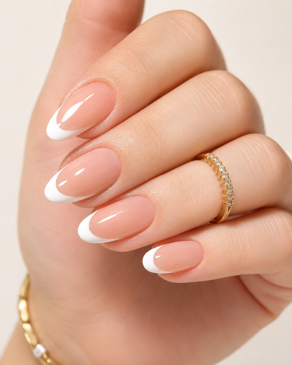 24-Piece French Press-On Nails – Glossy Nude & White Almond Fake Nails – Elegant Reusable Manicure Set