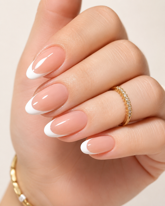 24-Piece French Press-On Nails – Glossy Nude & White Almond Fake Nails – Elegant Reusable Manicure Set