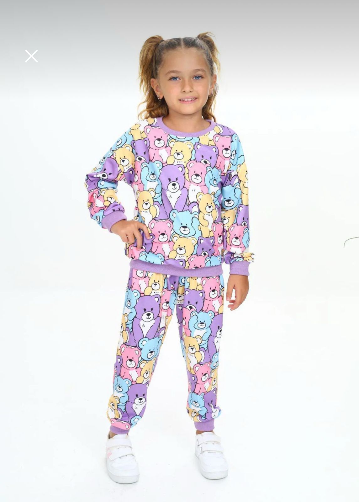 Girls Teddy Bear Print 2 Piece Set – Colorful Sweatshirt and Jogger Pants Outfit