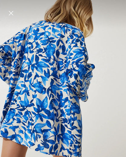 Women’s Blue Floral Open Front Kimono – Trendyol Lightweight Long Sleeve Cardigan