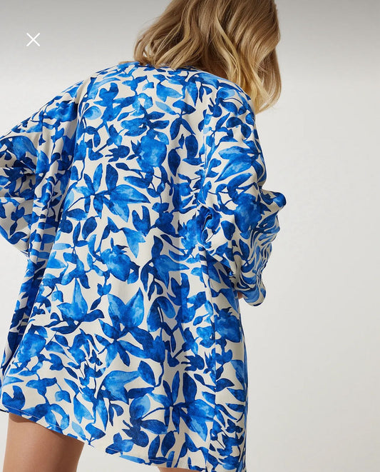 Women’s Blue Floral Open Front Kimono – Trendyol Lightweight Long Sleeve Cardigan
