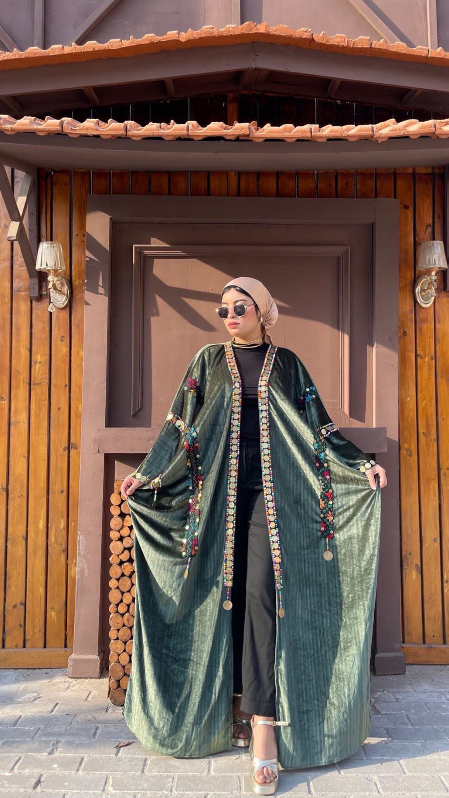 Dark Olive Embroidered Open Front Abaya Kaftan – Boho Modest Maxi Kimono Cardigan for Women