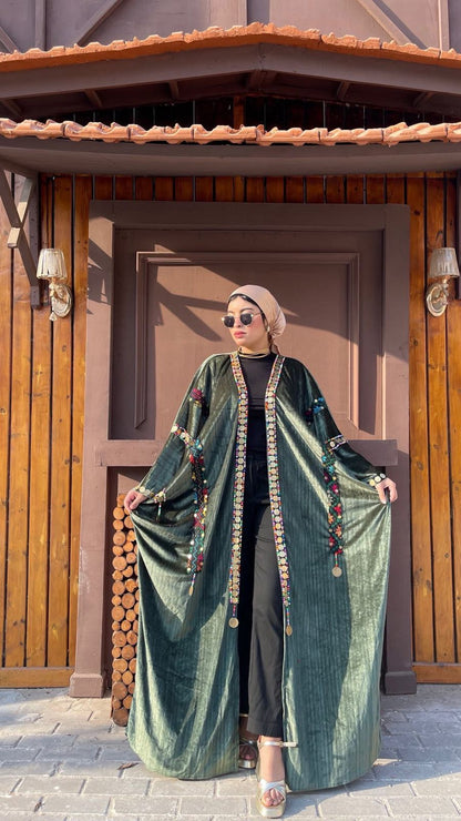 Dark Olive Embroidered Open Front Abaya Kaftan – Boho Modest Maxi Kimono Cardigan for Women