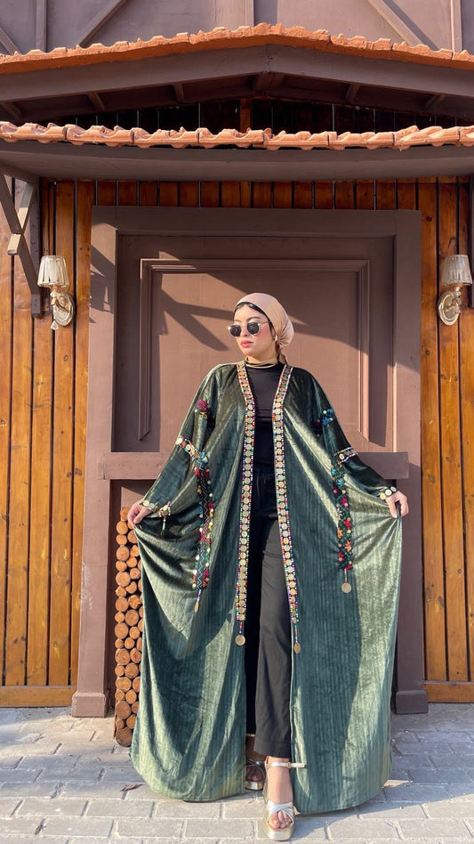 Dark Olive Embroidered Open Front Abaya Kaftan – Boho Modest Maxi Kimono Cardigan for Women