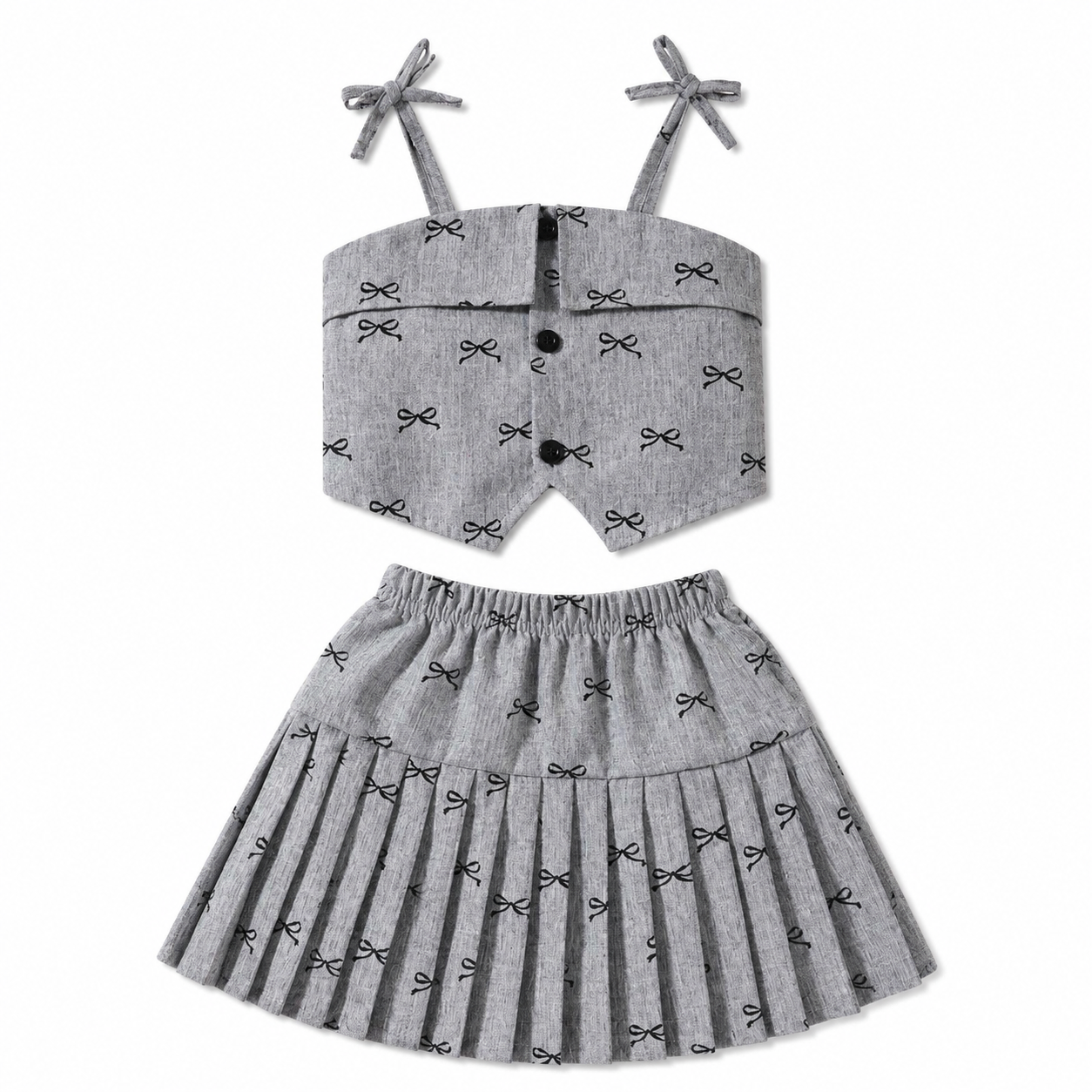 SHEIN Girls Grey Bow Print 2 Piece Set – Crop Top & Pleated Skirt, SHEIN Fast Delivery in 5 Days