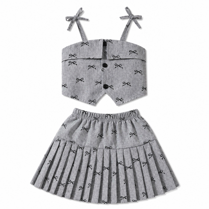 SHEIN Girls Grey Bow Print 2 Piece Set – Crop Top & Pleated Skirt, SHEIN Fast Delivery in 5 Days
