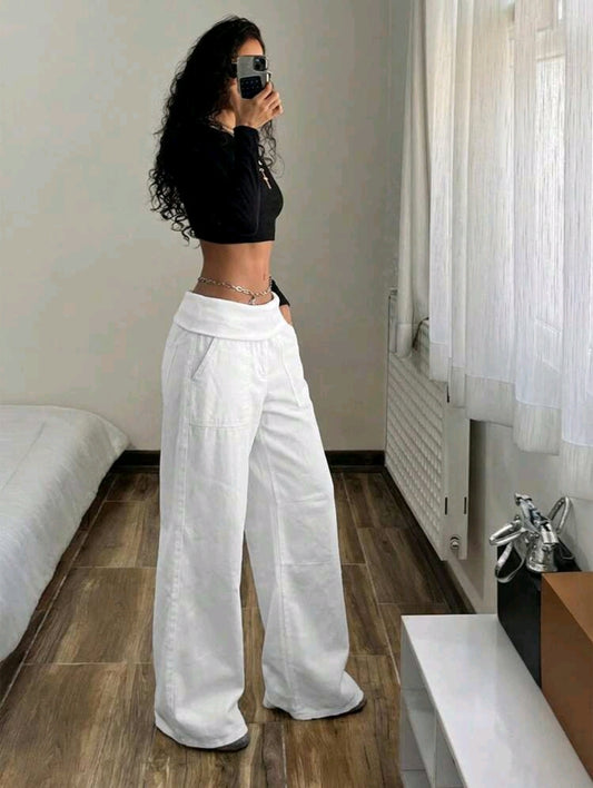 Women’s White Wide Leg Pants – Fold Over Waist Casual Cargo Style Trousers