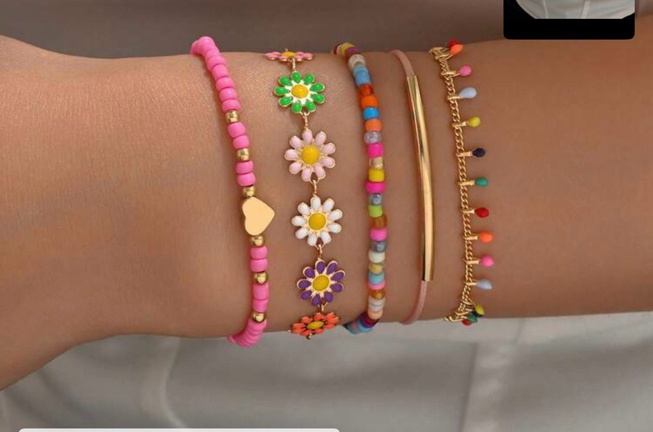 SHEIN Colorful Layered Bracelet Set – Women’s Beaded Flower Charm Bracelets, Fast Delivery in 5 Days
