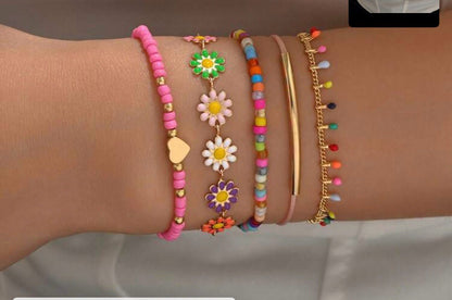SHEIN Colorful Layered Bracelet Set – Women’s Beaded Flower Charm Bracelets, Fast Delivery in 5 Days