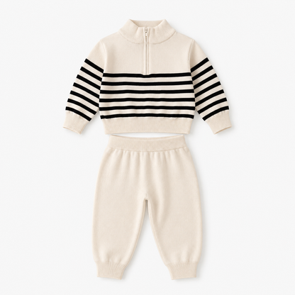 Baby Girls Cream and Black Striped Knit Top and Pants Set