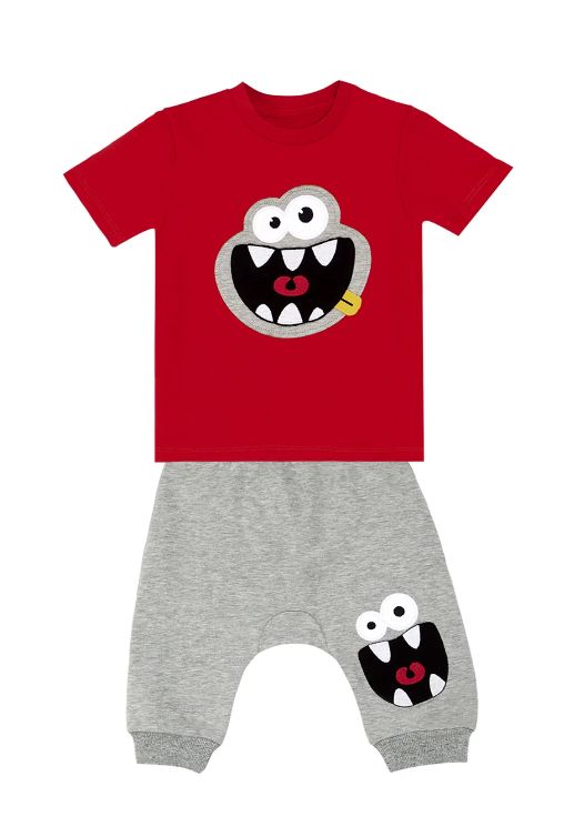 Boys Red Monster Print T-Shirt and Grey Shorts Set