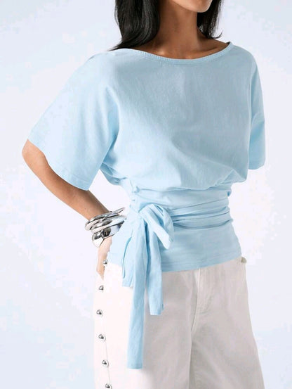 Women’s Light Blue Cotton Wrap Top – Short Sleeve Tie Waist Casual Blouse