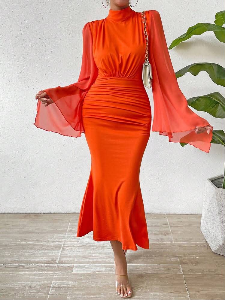 SHEIN Women’s Orange Ruched Midi Dress – Sheer Sleeve Elegant Party Dress, SHEIN Fast Delivery in 5 Days