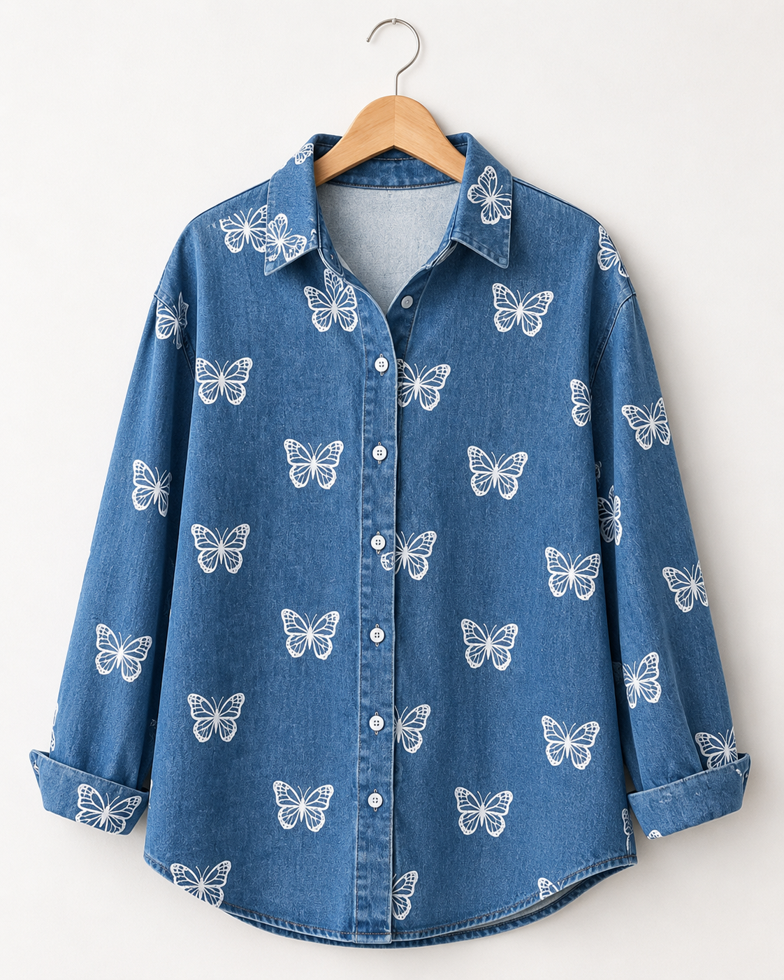 SHEIN Women Blue Denim Butterfly Print Button Shirt