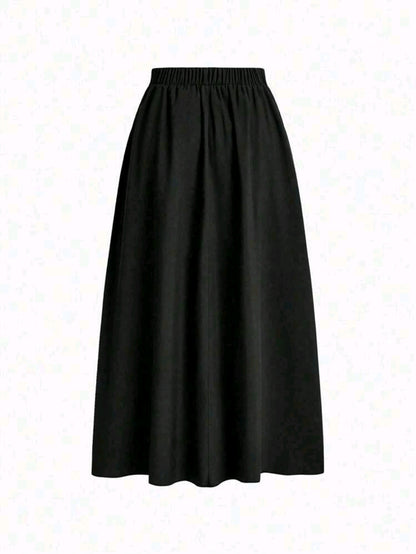 Women's High Waist Flared Maxi Skirt – Elastic Waist – Flowing A-Line Long Skirt – Black