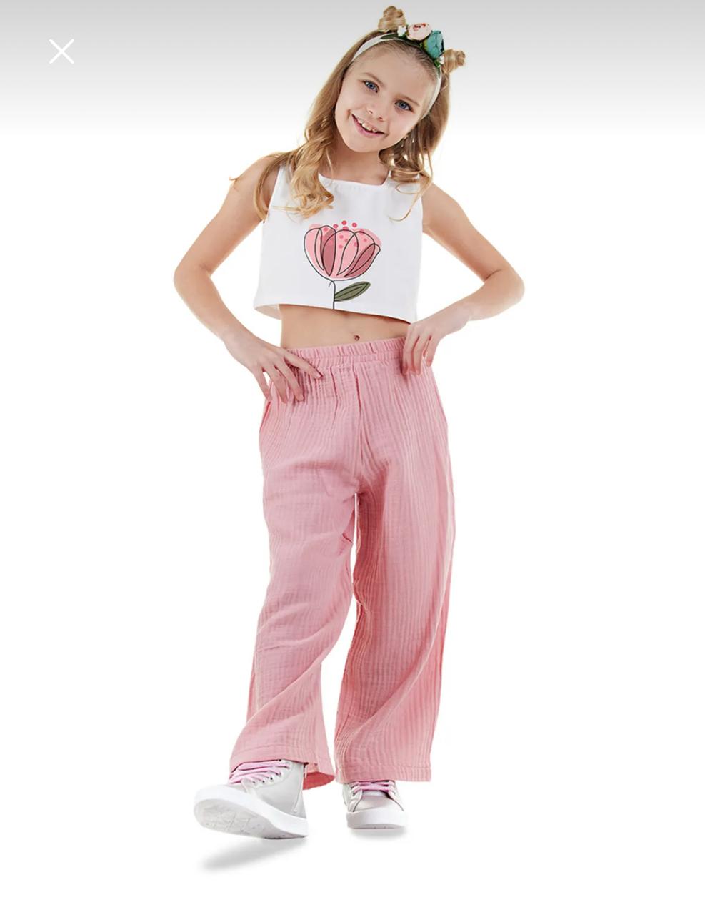 Girls’ Denokids Pink Floral Summer Set – Cotton Crop Top and Wide Leg Pants