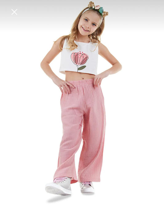 Girls’ Denokids Pink Floral Summer Set – Cotton Crop Top and Wide Leg Pants