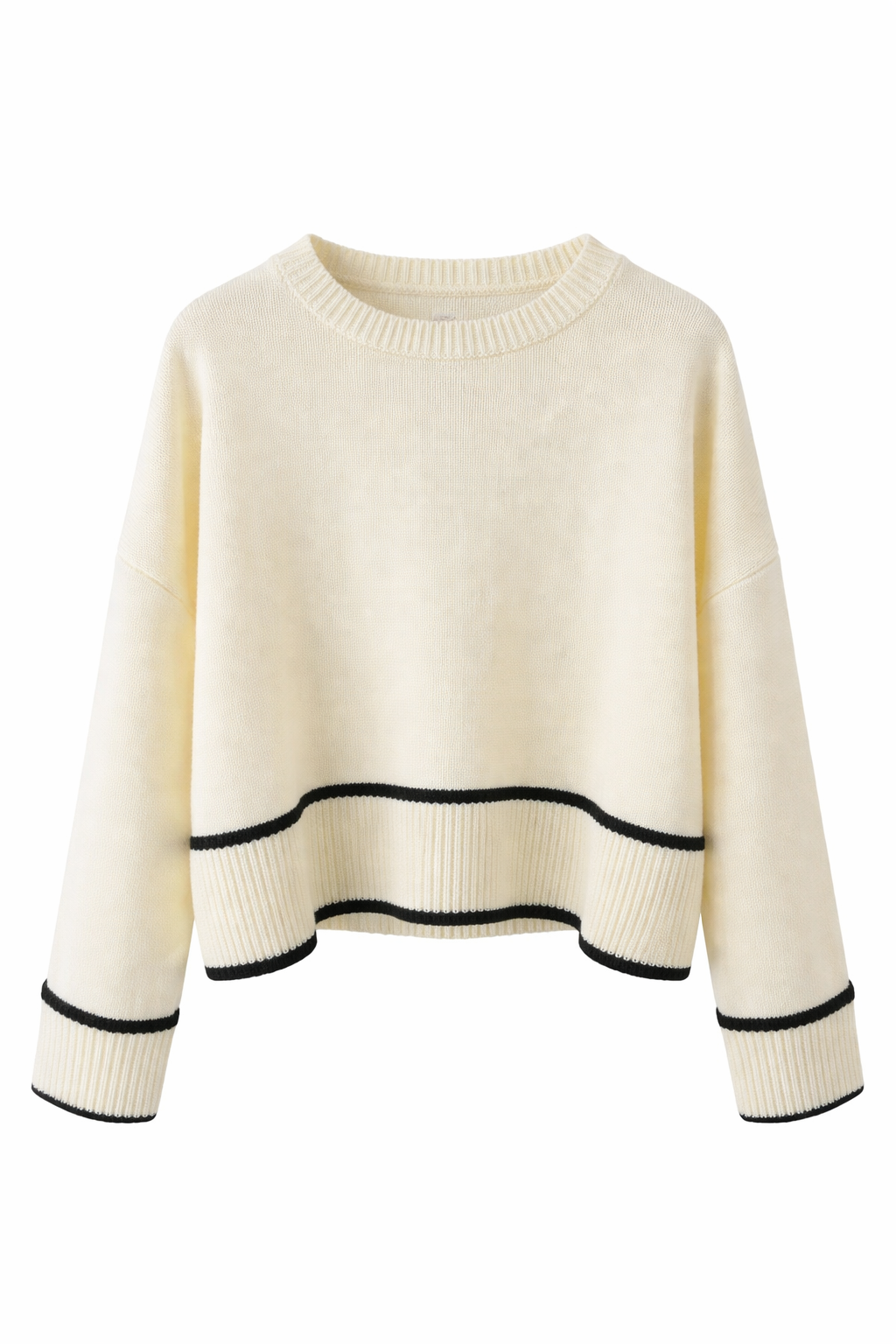 Women’s Cream Knit Sweater with Black Trim – Soft Casual Oversized Pullover