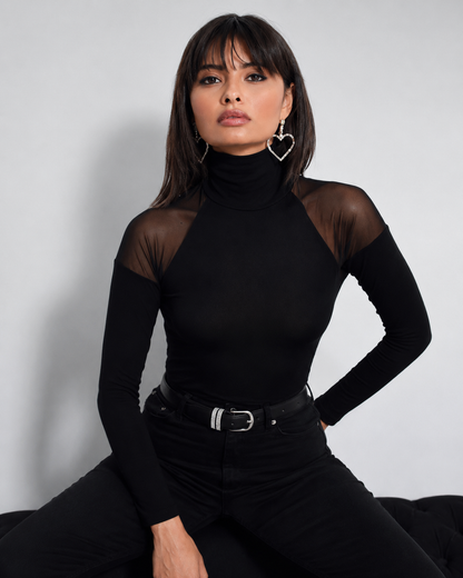 Trendyol Fast Delivery Black Mesh Shoulder Turtleneck Top – Elegant Slim Fit Blouse