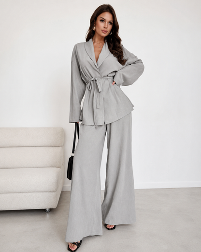SHEIN Women’s Light Grey 2 Piece Set – Belted Top & Wide Leg Pants, SHEIN Fast Delivery in 5 Days