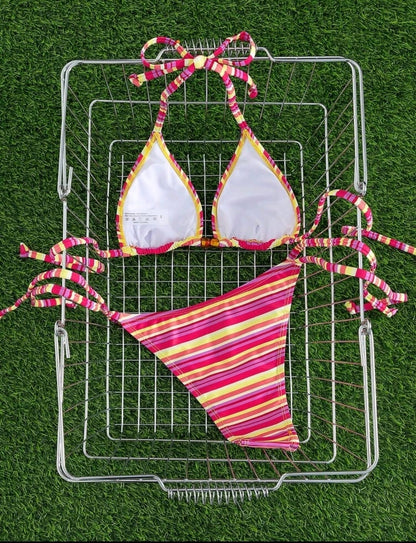 Striped Halter Tie Bikini Set – Colorful Triangle Top & Bottom Women Beachwear