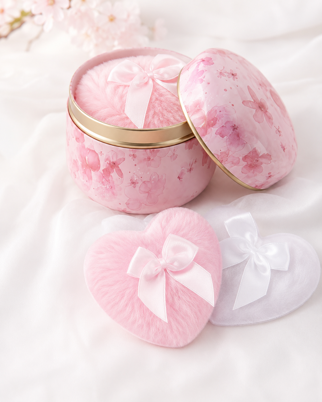 SHEIN Pink Floral Powder Puff Storage Box Set